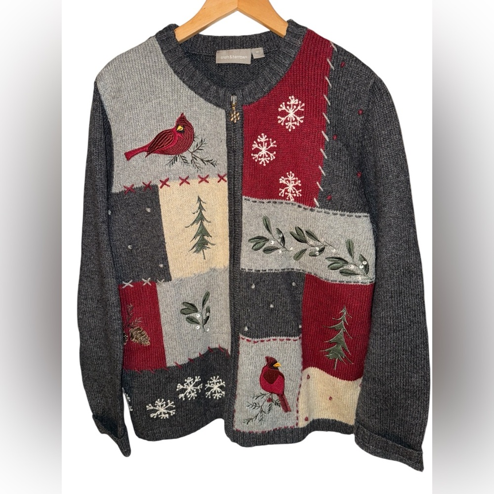 Vintage Croft & Barrow Zip Front Holiday Cardigan Sweater Medium M silk blend